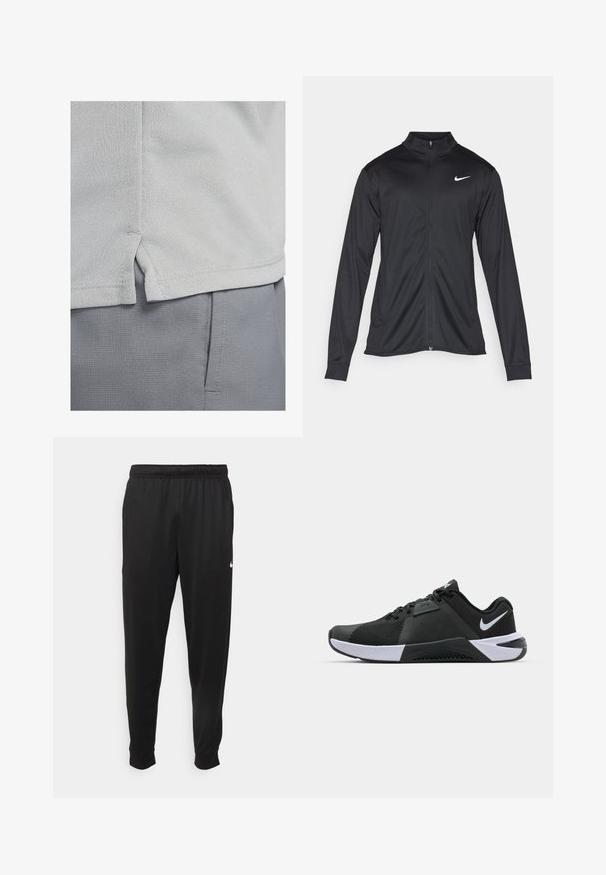 Črna atletska jakna z dolgimi rokavi, ovratnikom in polnim zadrgo. Vključuje diskreten bel Nike logotip na zgornjem levem delu prsnega koša. Gladka tekstura.; Nike Performance MILER - Majica z dolgimi rokavi - grey fog/particle grey/htr/(reflective silv); Črne športne hlače iz gladkega materiala, z elastičnim pasom, zoženimi hlačnicami in majhnim belim logotipom na levi strani.; Nike Performance METCON 10 - Trening copati - black/white/anthracite