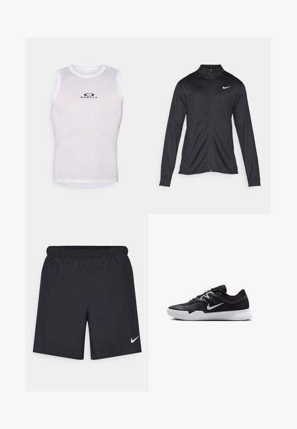 Giacca sportiva nera con maniche lunghe, colletto e zip completa. Presenta un logo Nike in bianco sulla parte superiore del lato sinistro del petto. Tessuto morbido.; Top senza maniche bianco in rete con scollatura rotonda, caratterizzato da un logo nero sulla parte anteriore. Il tessuto ha un aspetto testurizzato e traspirante.; Shorts sportivi neri realizzati in materiale leggero con vita elastica. Presentano un piccolo logo Nike bianco sul lato sinistro in basso.; Scarpa sportiva nera con tomaia testurizzata, logo Nike swoosh bianco e suola in gomma bianca. Presenta un design con lacci e una forma dinamica.