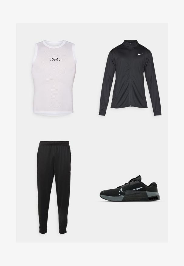 Veste de sport noire à manches longues, avec col et fermeture éclair intégrale. Présente un logo Nike subtil en blanc sur le côté supérieur gauche de la poitrine. Texture lisse.; Débardeur en mesh blanc sans manches avec un col rond, arborant un logo noir sur le devant. Le tissu a une apparence texturée et respirante.; Pantalon de sport noir en tissu lisse, avec une taille élastique, des jambes fuselées et un petit logo blanc sur le côté gauche.; Chaussure de sport noire avec tige en maille, accents gris et semelle intermédiaire texturée. Présente un logo proéminent et un design à lacets. Semelle extérieure en caoutchouc pour une meilleure adhérence.