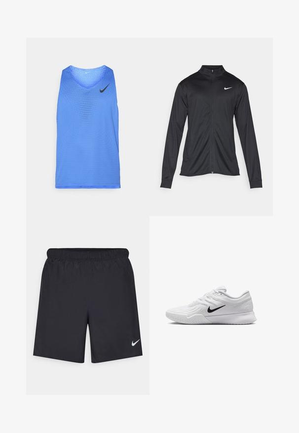 Μαύρο αθλητικό μπουφάν με μακριά μανίκια, γιακά και πλήρη φερμουάρ. Διαθέτει ένα διακριτικό λευκό λογότυπο της Nike στη πάνω αριστερή πλευρά του στήθους. Λείος υφασμάτινος χαρακτήρας.; Μπλε αθλητική μπλούζα τύπου tank top με στρογγυλή λαιμόκοψη και αντιθετικό μαύρο λογότυπο Nike. Διαθέτει τρυπητή σχεδίαση για αερισμό και ελευθερία κίνησης.; Μαύρες αθλητικές βερμούδες από ελαφρύ υλικό με ελαστική μέση. Διαθέτουν ένα μικρό λευκό λογότυπο Nike στην κάτω αριστερή πλευρά.; Λευκό αθλητικό παπούτσι με υφασμάτινο επάνω μέρος με υφή, μαύρη λογότυπο Nike, επενδεδυμένος λαιμός και ελαστική σόλα με σχέδιο πέλματος.