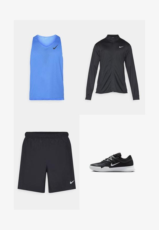 Must värvi sportlik jakk pikkade varrukatega, krae ja täispikk tõmblukk. Ülemises vasakus rinnas on diskreetne valge Nike logo. Sile tekstuur.; Sinine võrkkangas tank top ümarate kaelustega ja kontrastse musta Nike logoga. Omab perforeeritud disaini ventilatsiooni ja liikumise jaoks.; Mustad mustikud lühikesed püksid, mis on valmistatud kergest materjalist ja millel on elastne vöökoht. Alumisel vasakul küljel on väike valge Nike logo.; Must mustad jalanikesad rikaste ülaservaga, valge Nike swoosh'i ja valge kummist välispõhjaga. Omab paeltega sulgemisdetaili ja dünaamilist kuju.