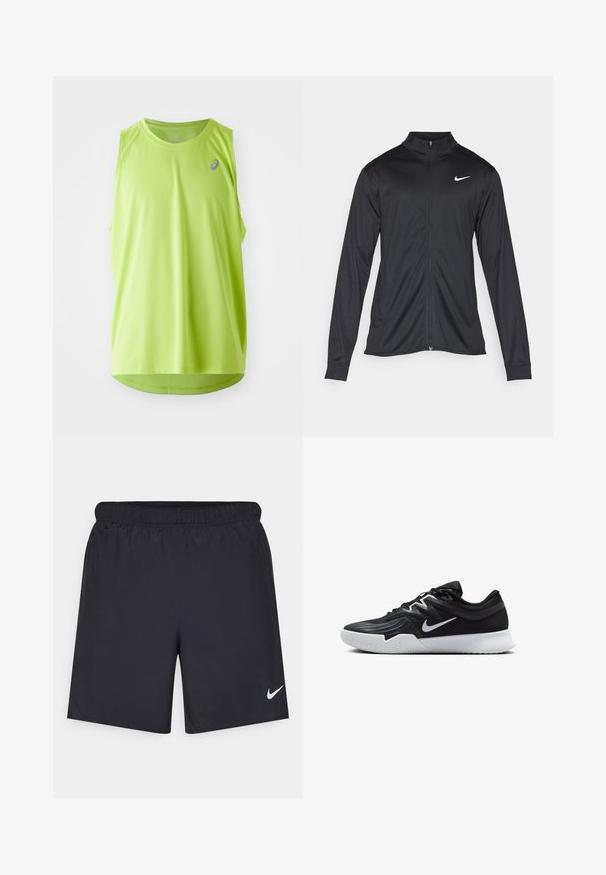 Veste de sport noire à manches longues, avec col et fermeture éclair intégrale. Présente un logo Nike subtil en blanc sur le côté supérieur gauche de la poitrine. Texture lisse.; Débardeur de sport sans manches vert fluo, en tissu texturé. Il présente un col rond et un logo placé en haut à gauche.; Shorts de sport noirs en matériau léger avec une taille élastique. Présente un petit logo Nike blanc sur le bas du côté gauche.; Chaussure de sport noire avec une tige texturée, un swoosh blanc de Nike et une semelle extérieure en caoutchouc blanc. Elle présente un design à lacets et une forme dynamique.