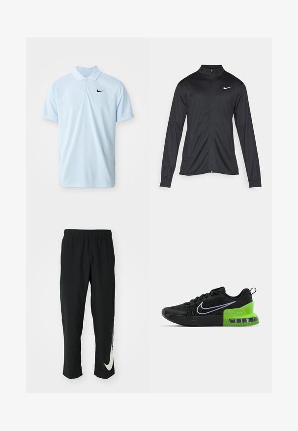 Fekete sportdzseki hosszú ujjal, gallérral és teljes cipzárral. Diszkrét fehér Nike logóval az upper bal mellen. Sima textúra.; Világoskék pólóing sima anyagból, fekete Nike logóval a mellkasán, három gombos nyakkal és rövid ujjakkal.; Fekete sportnadrág rugalmas derékpánttal, szűkített kialakítással, az előtérben egy nagy fehér Nike logóval a bal lábon. Puha, könnyű anyag.; Fekete sportcipő hálós felsőrésszel, zöld és fekete talppal, légpárnázással, valamint fehér Nike swoosh logóval.