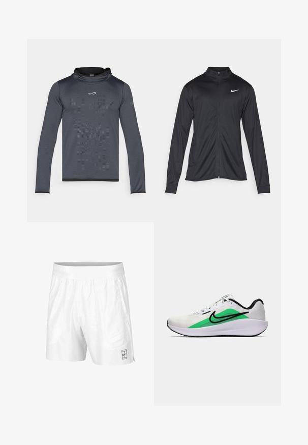 Zwarte sportjack met lange mouwen, kraag en volle rits. Voorzien van een subtiele Nike-logo in het wit op de bovenste linkerborst. Soepele textuur.; Endless HERO - Longsleeve - titanium; Witte sportshorts gemaakt van lichtgewicht stof met een elastische tailleband, voorzien van twee zijzakken en een klein zwart logo op de zoom.; Witte sportieve schoen met een groene accenta, zwart logo, bovenwerk van mesh, gevoerde zool en een afgeronde hak. Voorzien van veters en contrasterende details.