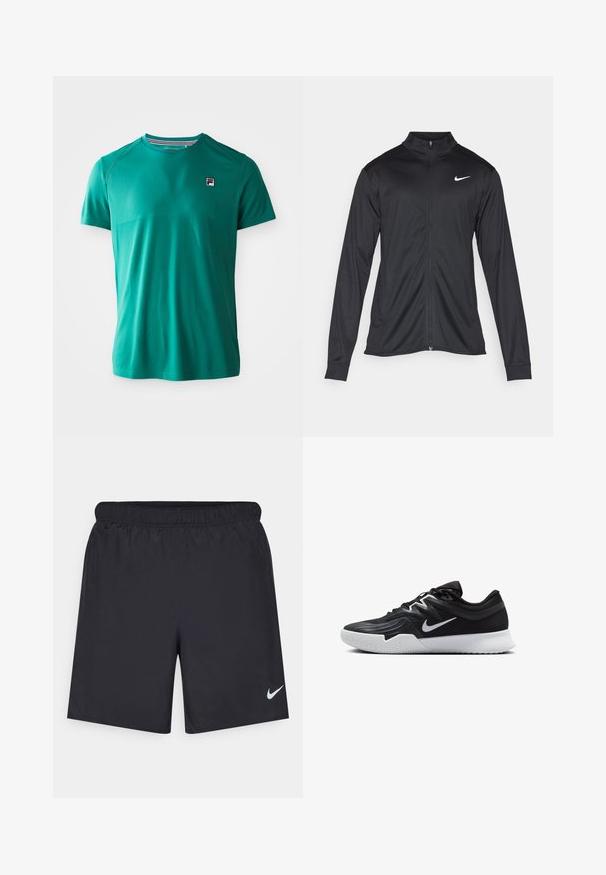 Jacket desportivo preto com mangas longas, colarinho e fecho zip completo. Apresenta um discreto logotipo da Nike em branco na parte superior do lado esquerdo do peito. Textura suave.; T-shirt atlético de manga curta na cor verde-água com gola redonda e pequeno logotipo FILA no lado esquerdo do peito, exibido sobre um fundo branco liso.; Calças de desporto pretas feitas de material leve com uma cintura elástica. Apresenta um pequeno logótipo branco da Nike no canto inferior esquerdo.; Sapatilha atlética preta com um cabedal texturizado, swoosh branco da Nike e uma sola de borracha branca. Apresenta um design com atacadores e uma forma dinâmica.