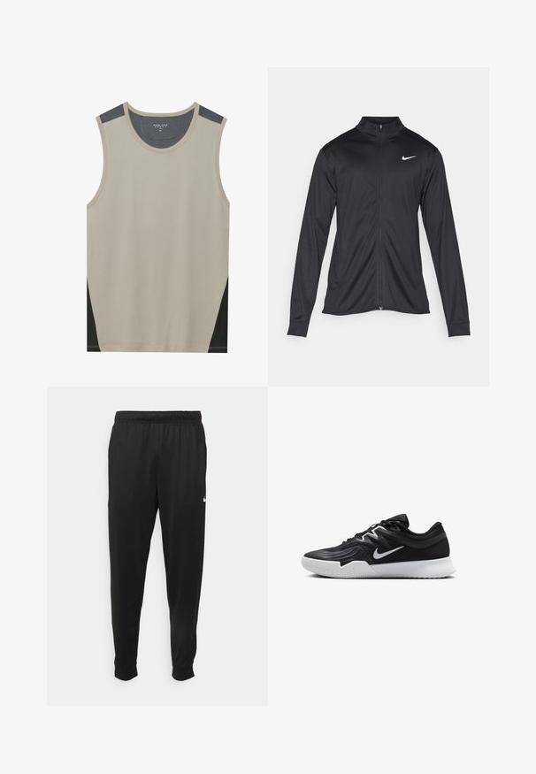Giacca sportiva nera con maniche lunghe, colletto e zip completa. Presenta un logo Nike in bianco sulla parte superiore del lato sinistro del petto. Tessuto morbido.; Top senza maniche beige con accenti spalla grigio scuro e pannelli laterali neri. Texture liscia con scollatura rotonda.; Pantaloni sportivi neri realizzati in tessuto liscio, con una vita elastica, gambe affusolate e un piccolo logo bianco sul lato sinistro.; Scarpa sportiva nera con tomaia testurizzata, logo Nike swoosh bianco e suola in gomma bianca. Presenta un design con lacci e una forma dinamica.