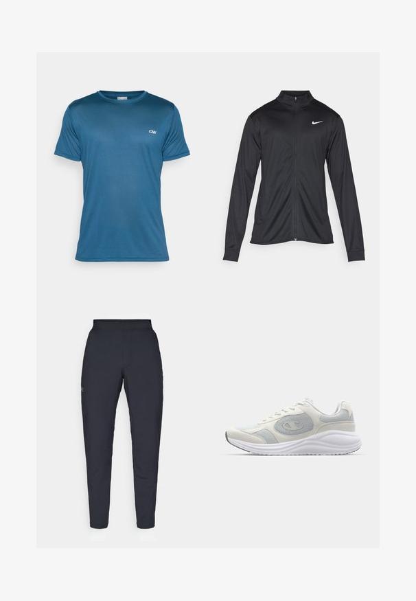 Jachetă sportivă neagră cu mâneci lungi, guler și fermoar complet. Prezintă un logo Nike subtil, alb, pe pieptul din stânga sus. Textură netedă.; Tricou sportiv albastru, cu maneci scurte, dintr-un material texturat și cu un decolteu tip crew; prezintă un logo mic în partea stângă sus.; Pantaloni sportivi negri cu o textură fină, croială slim, talie elastică și buzunare laterale. Prezentă un mic logo pe coapsa stângă.; Pantofii sport albi cu accente gri deschis, materiale din plasă și suede, vârful rotunjit, talpă texturată și logo de marcă vizibil pe lateral.
