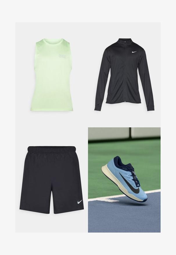 Černá sportovní bunda s dlouhými rukávy, límcem a plným zipem. Má decentní bílou logo značky Nike na horní levé části hrudi. Hladká textura.; Světle zelený top bez rukávů vyrobený z hladké tkaniny, s kulatým výstřihem a jemným potiskem "CNZ" na přední straně.; Černé sportovní šortky vyrobené z lehkého materiálu s elastickým pasem. Na spodní levé straně mají malé bílé logo Nike.; Světle modrá sportovní obuv s námořnickými akcenty, texturovaný síťový svršek a černé logo Swoosh. Obsahuje polstrovanou mezipodešev a gumovou podrážku.