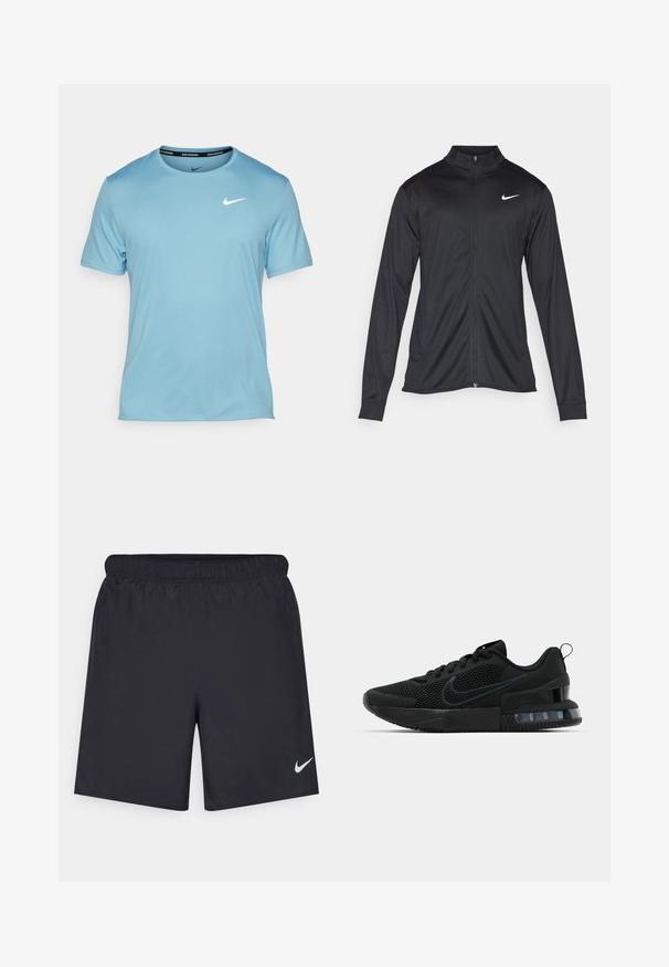 Juodas sportinis švarkas su ilgomis rankovėmis, apykakle ir pilnu užtrauktuku. Yra subtilus baltas Nike logotipas kairėje krūtinės pusėje. Lygus tekstūra.; Nike Performance MILER - Sportiniai marškinėliai trumpomis rankovėmis - denim turq/(reflective silv); Juodos sportinės šortai, pagaminti iš lengvos medžiagos, su elastingu juosmeniu. Ant apatinės kairės pusės yra mažas baltas Nike logotipas.; Juodi „Nike“ sportbačiai su tinklinio audinio viršumi, tekstūruota pado danga ir matoma oro pagalve kulne. Akcentai ir logotipas tamsesnės juodos spalvos.