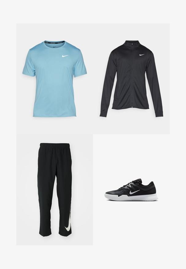 Svart idrottsjacka med långa ärmar, krage och full dragkedja. Har en diskret Nike-logga i vitt på övre vänstra bröstet. Slät yta.; Nike Performance MILER - T-shirt till träning - denim turq/(reflective silv); Svarta träningsbyxor med elastisk midja, avsmalnande design, med en stor vit Nike-logotyp på vänster ben. Mjuk, lättviktig tyg.; Svarta träningsskor med en texturerad ovandel, vit Nike-logga och en vit gummisula. Har snörningsdesign och en dynamisk form.