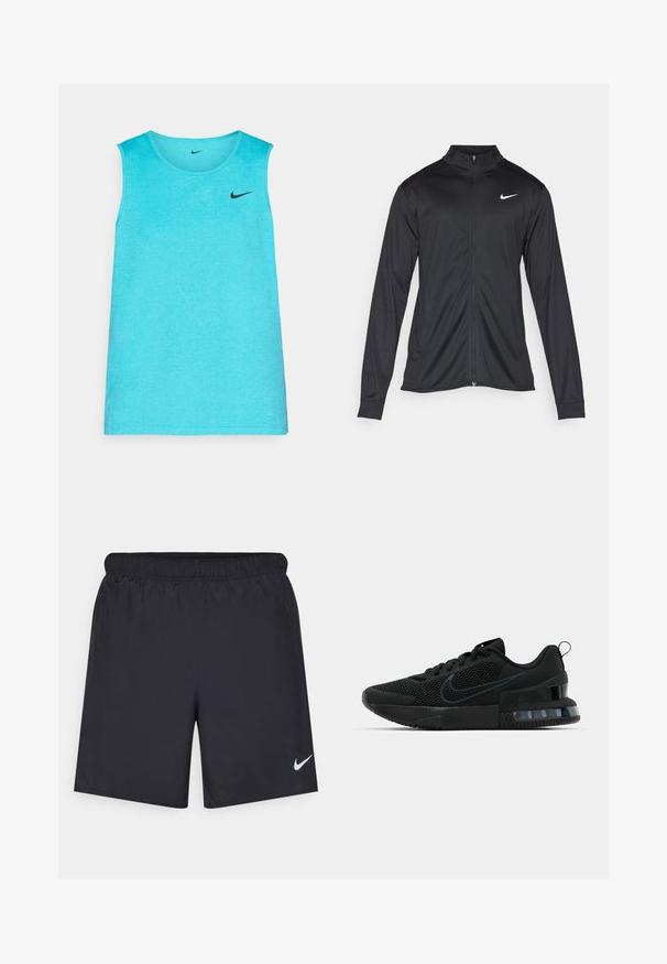 Black athletic jacket with long sleeves, collar, and full zipper. Features a subtle Nike logo in white on the upper left chest. Smooth texture.; Light blue sleeveless athletic tank top made of a smooth fabric, featuring a black Nike logo on the left chest and a round neckline.; Black athletic shorts made of lightweight material with an elastic waistband. Features a small white Nike logo on the lower left side.; Black Nike athletic shoe featuring a mesh upper, rubber sole, padded collar, and a distinct transparent heel accent.