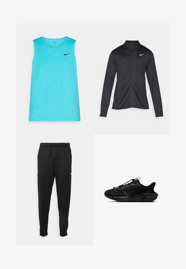Zwarte sportjack met lange mouwen, kraag en volle rits. Voorzien van een subtiele Nike-logo in het wit op de bovenste linkerborst. Soepele textuur.; Lichtblauw mouwloos sporttopje gemaakt van een gladde stof, met een zwart Nike-logo op de linkerborst en een ronde halslijn.; Zwarte sportbroek gemaakt van gladde stof, met een elastische tailleband, taps toelopende pijpen en een klein wit logo aan de linkerzijde.; Zwarte sportieve schoenen met een textuur van mesh bovenwerk, gladde accenten en een kenmerkend Nike-logo. Voorzien van een gevoerde zool en elastische veters.
