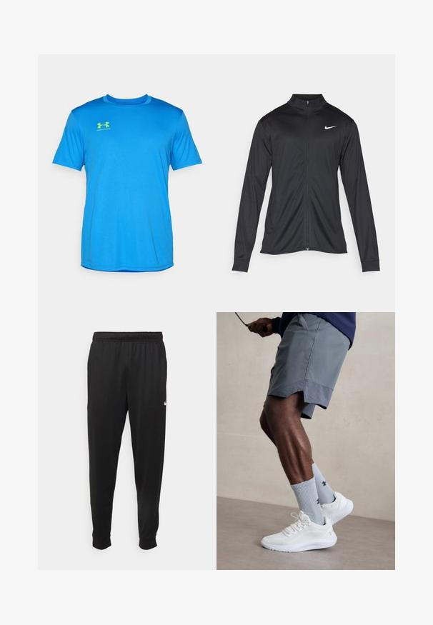 Juodas sportinis švarkas su ilgomis rankovėmis, apykakle ir pilnu užtrauktuku. Yra subtilus baltas Nike logotipas kairėje krūtinės pusėje. Lygus tekstūra.; Mėlyna trumpa rankovė sporto marškinė, pagaminta iš lengvos medžiagos. Turinti apvalų iškirptę ir ryškiai žalią "Under Armour" logotipą ant krūtinės.; Juodi sportiniai kelnės, pagamintos iš lygaus audinio, turinčios elastinę juosmenį, siaurėjantys sijonai ir mažas baltas logotipas kairėje pusėje.; Balti sportiniai bateliai su tekstūruotu tinkleliu viršuje, derinami su šviesiai mėlynomis ribotomis kojinėmis su logotipu. Pilki sportiniai šortai su perforuota apdaila.
