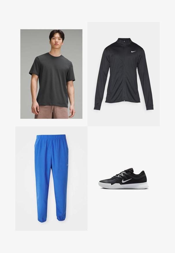 Črna atletska jakna z dolgimi rokavi, ovratnikom in polnim zadrgo. Vključuje diskreten bel Nike logotip na zgornjem levem delu prsnega koša. Gladka tekstura.; Temno siva kratka majica s kratkimi rokavi in okroglo ovratnikom, izdelana iz mehkega materiala. Ima sproščen kroj in gladko teksturo.; Modre atletske hlače z elastičnim pasom, ravnim krojem in zoženimi manšetami. Značilnost je Nike logo v zlatem na levi strani.; Črne atletske čevlje z teksturirano zgornjico, belim Nike znakom in belim gumijastim zunanjim podplatom. Imajo vezalni dizajn in dinamično obliko.