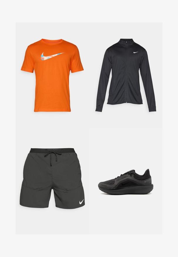 Svart idrettsjakke med lange ermer, krage og full glidelås. Har en subtil Nike-logo i hvitt på øvre venstre bryst. Glatt tekstur.; Oransje bomulls T-skjorte med korte ermer, dekorert med en blå og hvit Nike-logo tvers over brystet. Rund hals, klassisk passform.; Sorte løpeshorts med elastisk midjebånd, snor, sidelommer og hvit Nike-logo nederst på venstre bein.; Svart atletisk sko med teksturert quiltet overdel, slank design og svart gummisåle. Har synlig logo og Gore-Tex-merke.