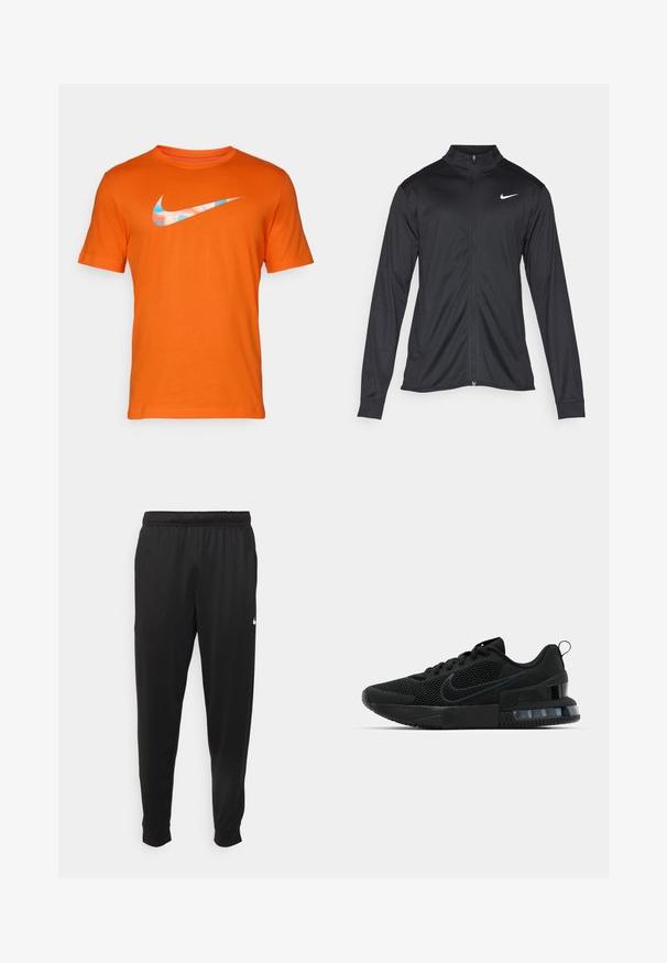 Melna sporta jaka ar garām piedurknēm, apkakli un pilnu rāvējslēdzēju. Uz kreisā krūts augšdaļas ir maigs Nike logo baltā krāsā. Gluda tekstūra.; Oranžs kokvilnas T-krekls ar īsām piedurknēm, uz kura krūtīm ir zils un balts Nike logo. Apaļš kakla izgriezums, klasiskas formas.; Melnas sporta bikses, kas izgatavotas no gludas auduma, ar elastīgu jostu, sašaurinošām kājām un mazu balto logo kreisajā pusē.; Melnas Nike sporta kurpes ar sietu augšpusi, gumijas zoli, polsterētu apkakli un izteiktu caurspīdīgu papēdi.