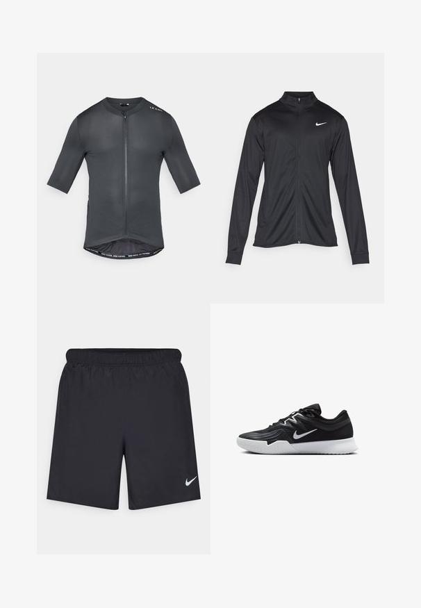 Giacca sportiva nera con maniche lunghe, colletto e zip completa. Presenta un logo Nike in bianco sulla parte superiore del lato sinistro del petto. Tessuto morbido.; Maglietta da ciclismo a maniche corte di colore grigio scuro, con zip frontale, tessuto testurizzato e bordo interno a contrasto con il testo "VAI PIÙ VELOCE. VAI PIÙ LONTANO."; Shorts sportivi neri realizzati in materiale leggero con vita elastica. Presentano un piccolo logo Nike bianco sul lato sinistro in basso.; Scarpa sportiva nera con tomaia testurizzata, logo Nike swoosh bianco e suola in gomma bianca. Presenta un design con lacci e una forma dinamica.