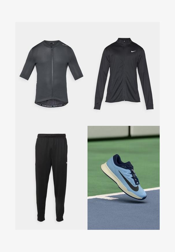 Black athletic jacket with long sleeves, collar, and full zipper. Features a subtle Nike logo in white on the upper left chest. Smooth texture.; Short-sleeve cycling jersey in dark gray, with zip front, textured fabric, and contrasting inner hem featuring "RIDE FASTER. RIDE FURTHER." text.; Black athletic pants made of smooth fabric, featuring an elastic waistband, tapered legs, and a small white logo on the left side.; Light blue athletic shoe with navy accents, textured mesh upper, and black Swoosh logo. Features a cushioned midsole and rubber outsole.