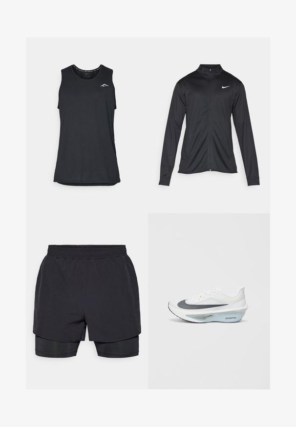 Czarna sportowa kurtka z długimi rękawami, kołnierzem i pełnym zamkiem. Posiada subtelne logo Nike w białym kolorze na lewej górnej części klatki piersiowej. Gładka tekstura.; Czarny bezrękawnik sportowy z okrągłym dekoltem, wykonany z lekkiego materiału, z małym białym logo w lewym górnym rogu.; Czarne sportowe szorty z elastycznym pasem, warstwowym wzorem i dopasowaną wewnętrzną podszewką. Gładka tekstura, zaprojektowane dla wygody.; Białe buty sportowe z szarym siateczkowym wierzchem, niebieską podeszwą środkową z pianki ZoomX oraz zakrzywioną podeszwą dla lepszej eksplozji i komfortu.