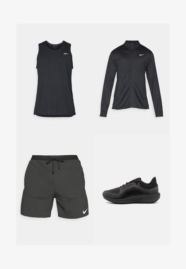 Giacca sportiva nera con maniche lunghe, colletto e zip completa. Presenta un logo Nike in bianco sulla parte superiore del lato sinistro del petto. Tessuto morbido.; Canotta atletica nera senza maniche con scollatura rotonda, realizzata in materiale leggero, caratterizzata da un piccolo logo bianco nell'angolo superiore sinistro.; Pantaloni da corsa neri con vita elastica, cordino, tasche laterali e logo Nike bianco sulla gamba sinistra.; Scarpa sportiva nera con tomaia trapuntata testurizzata, design elegante e suola in gomma nera. Presenta un logo visibile e il marchio Gore-Tex.