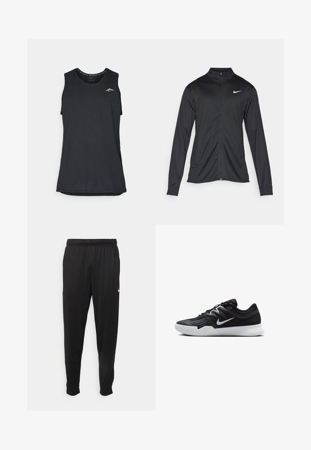 Veste de sport noire à manches longues, avec col et fermeture éclair intégrale. Présente un logo Nike subtil en blanc sur le côté supérieur gauche de la poitrine. Texture lisse.; Débardeur de sport noir sans manches avec un col arrondi, fabriqué en matériau léger, présentant un petit logo blanc dans le coin supérieur gauche.; Pantalon de sport noir en tissu lisse, avec une taille élastique, des jambes fuselées et un petit logo blanc sur le côté gauche.; Chaussure de sport noire avec une tige texturée, un swoosh blanc de Nike et une semelle extérieure en caoutchouc blanc. Elle présente un design à lacets et une forme dynamique.