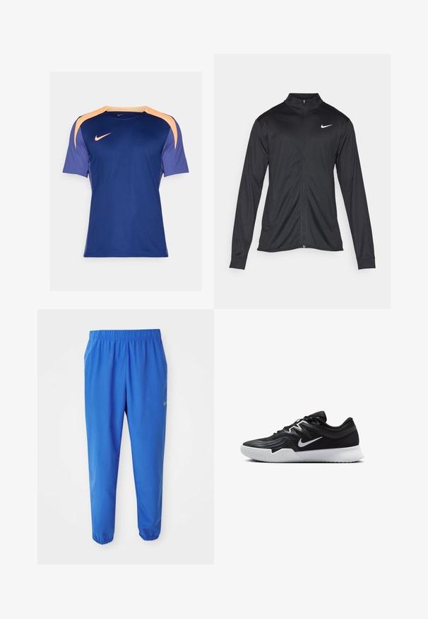 Črna atletska jakna z dolgimi rokavi, ovratnikom in polnim zadrgo. Vključuje diskreten bel Nike logotip na zgornjem levem delu prsnega koša. Gladka tekstura.; Vojaška športna majica s kratkimi rokavi, z oranžnimi detajli na ramenih, Nike logo na prsih, izdelana iz gladkega materiala, lahka, z učinkovitim odvodom vlage.; Modre atletske hlače z elastičnim pasom, ravnim krojem in zoženimi manšetami. Značilnost je Nike logo v zlatem na levi strani.; Črne atletske čevlje z teksturirano zgornjico, belim Nike znakom in belim gumijastim zunanjim podplatom. Imajo vezalni dizajn in dinamično obliko.
