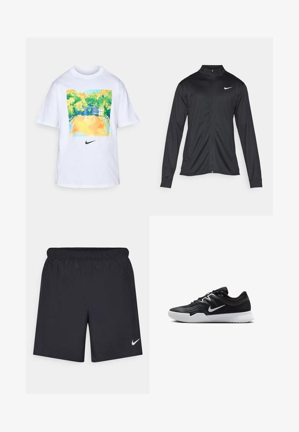 Jachetă sportivă neagră cu mâneci lungi, guler și fermoar complet. Prezintă un logo Nike subtil, alb, pe pieptul din stânga sus. Textură netedă.; Tricou din bumbac alb cu un grafic colorat al unui teren de baschet în nuanțe de verde și galben, având un mic logo Nike negru sub design.; Pantaloni scurți atletici negri, fabricați dintr-un material ușor, cu un talie elastică. Au un mic logo alb Nike în partea stângă jos.; Pantof sport negru cu un superior texturat, swoosh alb Nike și o tălpică din cauciuc alb. Dispune de un design cu șireturi și o formă dinamică.