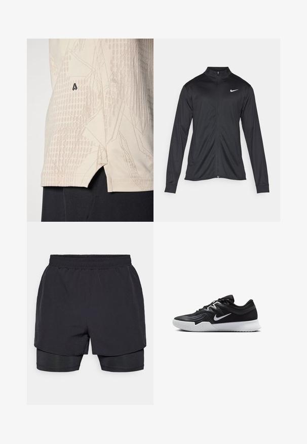 Chaqueta atlética negra con mangas largas, collar y cremallera completa. Presenta un sutil logo de Nike en blanco en la parte superior izquierda del pecho. Textura suave.; Camiseta deportiva beige con un patrón geométrico texturizado, aberturas laterales y un pequeño logo negro en el dobladillo. Confeccionada con una tela ligera.; Pantalones cortos deportivos negros con una cinturilla elástica, diseño de capas y un forro interior ajustado. Textura suave, diseñados para la comodidad.; Zapatilla deportiva negra con parte superior texturizada, logo de Nike en blanco y suela de goma blanca. Tiene un diseño con cordones y una forma dinámica.