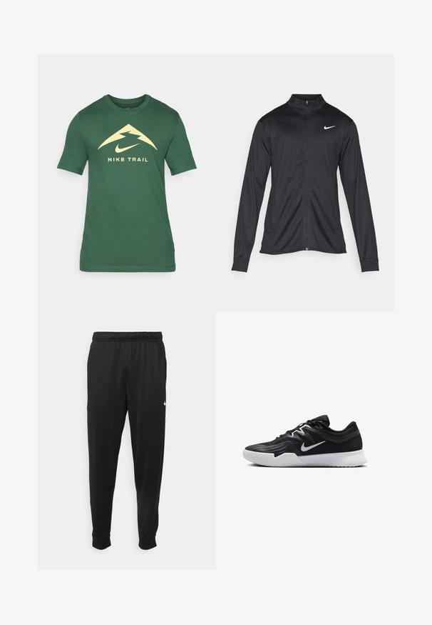 Jacket desportivo preto com mangas longas, colarinho e fecho zip completo. Apresenta um discreto logotipo da Nike em branco na parte superior do lado esquerdo do peito. Textura suave.; T-shirt verde de mangas curtas feito de algodão. Apresenta um grande logo de montanha amarela e o texto "NIKE TRAIL" na parte da frente. Decote redondo simples.; Calças de desporto pretas feitas de tecido suave, com uma cintura elástica, pernas ajustadas e um pequeno logo branco no lado esquerdo.; Sapatilha atlética preta com um cabedal texturizado, swoosh branco da Nike e uma sola de borracha branca. Apresenta um design com atacadores e uma forma dinâmica.