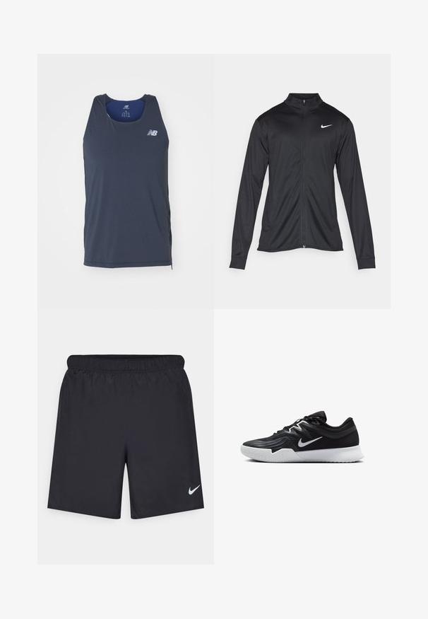 Černá sportovní bunda s dlouhými rukávy, límcem a plným zipem. Má decentní bílou logo značky Nike na horní levé části hrudi. Hladká textura.; New Balance Top - black; Černé sportovní šortky vyrobené z lehkého materiálu s elastickým pasem. Na spodní levé straně mají malé bílé logo Nike.; Černá atletická bota s texturovaným svrškem, bílým logem Nike a bílou gumovou podrážkou. Disponuje šněrovacím designem a dynamickým tvarem.