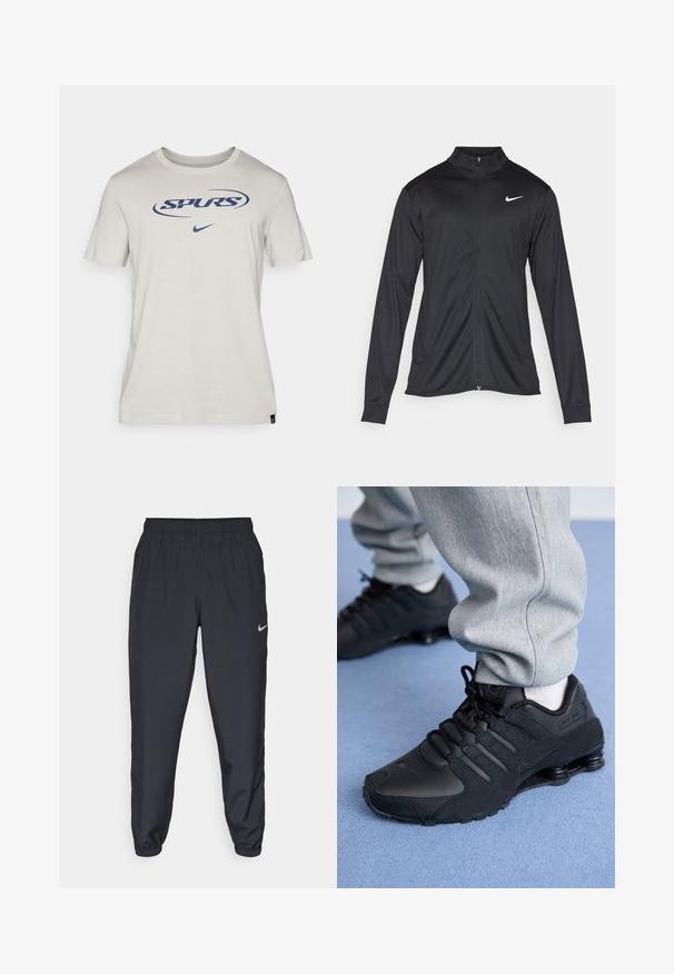 Fekete sportdzseki hosszú ujjal, gallérral és teljes cipzárral. Diszkrét fehér Nike logóval az upper bal mellen. Sima textúra.; Világosszürke pamut póló rövid ujjakkal, kék "SPURS" logóval és Nike pipa emblémával. Egyszerű kerek nyakkivágás és címke az alján.; Fekete sportnadrág könnyű anyagból, rugalmas derékkel és bokacsatokkal, a bal oldalon egy diszkrét Nike logóval.; Fekete Nike Shox sportcipőt és szürke melegítőt viselő személy áll egy világoskék szőnyegen.