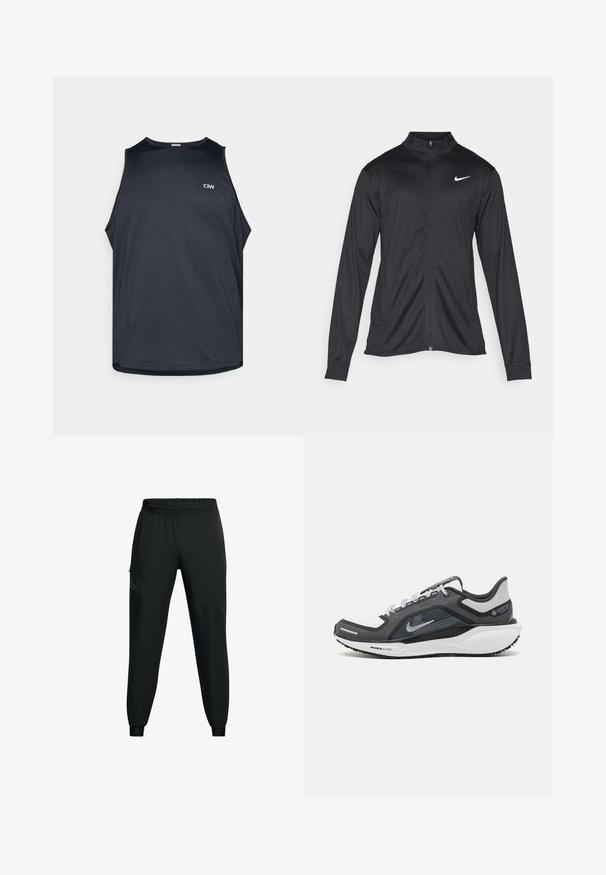 Musta urheilutakki pitkillä hihoilla, kauluksella ja kokonaisella vetoketjulla. Täydentää hienovarainen Nike-logo valkoisena vasemmassa ylärinnassa. Litteä pinta.; Musta urheilullinen tankkitoppi tekstuurillisessa, hengittävässä kankaassa. Ominaisuuksiin kuuluu pyöreä pääntie ja leveät kainalot. Pieni logo edessä.; Mustat urheiluhousut, joissa on joustava vyötärö, kapeneva lahjesuunnittelu, sivutaskut ja kontrastiväriset paneelit. Kevyt, sileä kangas.; Musta ja harmaa urheilukenka, jossa on verkkopäällinen, heijastavat yksityiskohdat ja valkoinen välipohja. Varustettu kuvioidulla kumipohjalla ja nauhoilla.