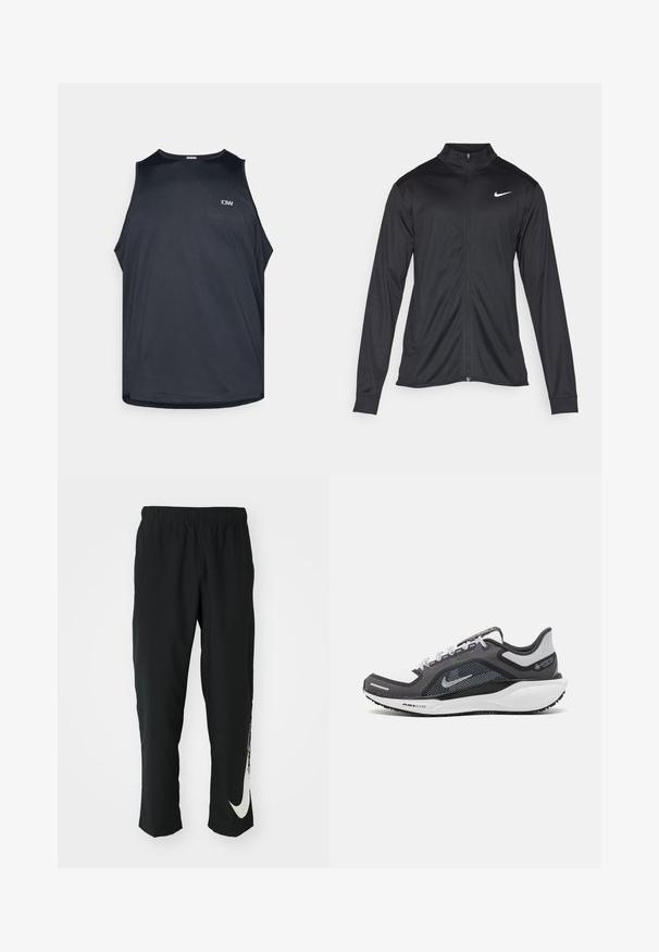 Musta urheilutakki pitkillä hihoilla, kauluksella ja kokonaisella vetoketjulla. Täydentää hienovarainen Nike-logo valkoisena vasemmassa ylärinnassa. Litteä pinta.; Musta urheilullinen tankkitoppi tekstuurillisessa, hengittävässä kankaassa. Ominaisuuksiin kuuluu pyöreä pääntie ja leveät kainalot. Pieni logo edessä.; Mustat urheiluhousut, joissa on joustava vyötärö, kapeneva muotoilu ja suuri valkoinen Nike-logo vasemmassa lahkeessa. Pehmeä, kevyt kangas.; Musta ja harmaa urheilukenka, jossa on verkkopäällinen, heijastavat yksityiskohdat ja valkoinen välipohja. Varustettu kuvioidulla kumipohjalla ja nauhoilla.