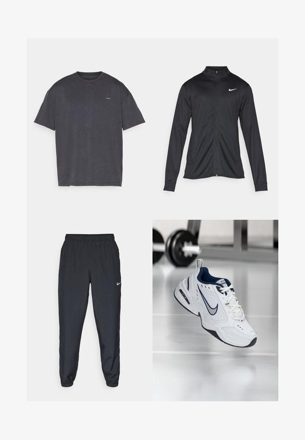 Black athletic jacket with long sleeves, collar, and full zipper. Features a subtle Nike logo in white on the upper left chest. Smooth texture.; Dark gray short-sleeve t-shirt, made of cotton, with a crew neck and a small logo on the front. Soft texture and relaxed fit design.; Black track pants made from lightweight fabric with an elastic waistband, ankle cuffs, and a discreet Nike logo on the left side.; White athletic shoe with a navy blue accent, mesh and leather upper, reinforced toe, and black rubber sole. Features distinctive Nike branding.