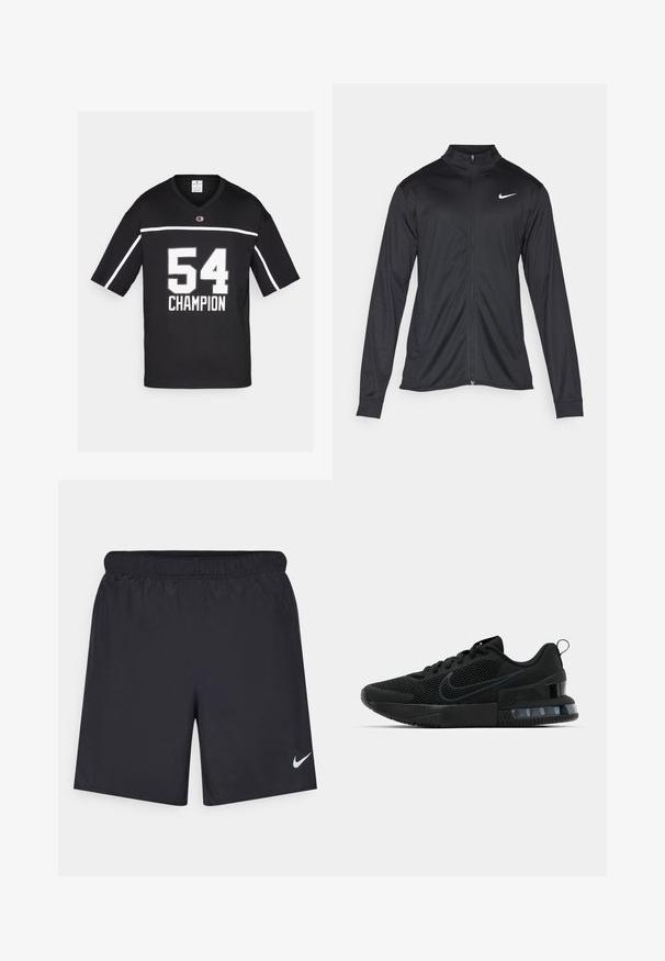 Jacket desportivo preto com mangas longas, colarinho e fecho zip completo. Apresenta um discreto logotipo da Nike em branco na parte superior do lado esquerdo do peito. Textura suave.; Camisola jersey preta de mangas curtas com detalhes em branco. Apresenta um decote em V, um grande número branco "54" e a palavra "CAMPEÃO" impressa abaixo.; Calças de desporto pretas feitas de material leve com uma cintura elástica. Apresenta um pequeno logótipo branco da Nike no canto inferior esquerdo.; Tênis esportivo Nike preto com parte superior em malha, sola de borracha, colarinho acolchoado e um distinto detalhe transparente no calcanhar.