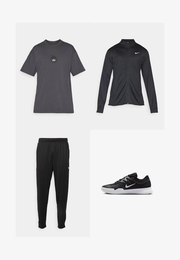 Jachetă sportivă neagră cu mâneci lungi, guler și fermoar complet. Prezintă un logo Nike subtil, alb, pe pieptul din stânga sus. Textură netedă.; Tricou scurt din bumbac, de culoare gri. Are un logo rotund negru pe piept, cu un design grafic alb. Croială regulară și guler rotund.; Pantaloni sportivi negri dintr-o țesătură netedă, cu un elastic la brâu, picioare conice și un mic logo alb pe partea stângă.; Pantof sport negru cu un superior texturat, swoosh alb Nike și o tălpică din cauciuc alb. Dispune de un design cu șireturi și o formă dinamică.