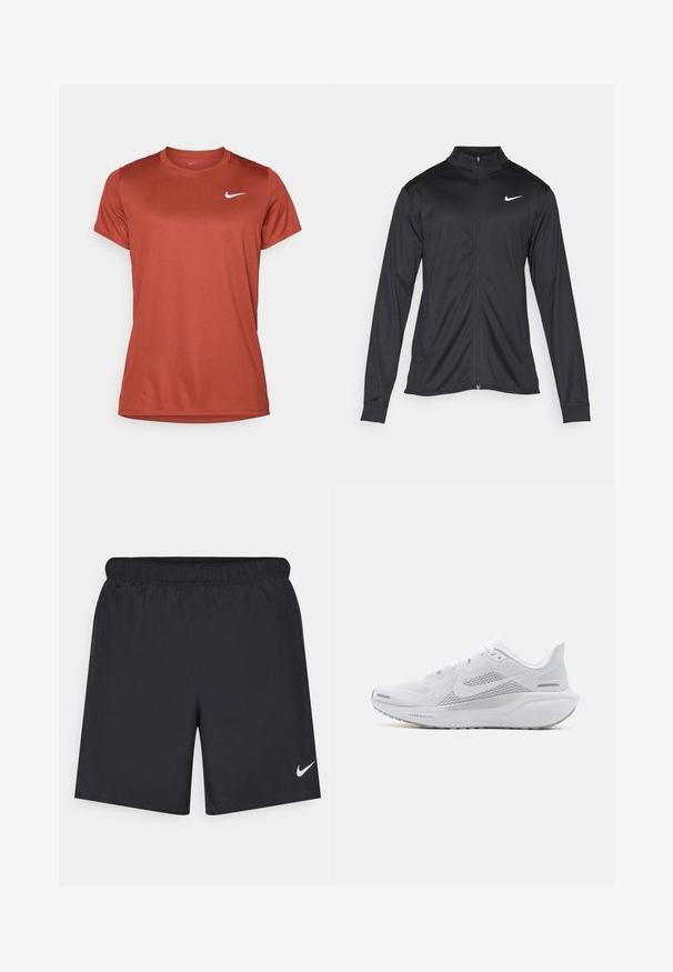 Fekete sportdzseki hosszú ujjal, gallérral és teljes cipzárral. Diszkrét fehér Nike logóval az upper bal mellen. Sima textúra.; Nike Performance NIKECOURT VICTORY TOP - Sportfelső - mars stone/white; Fekete sportnadrág könnyű anyagból, rugalmas derékkal. A bal alsó oldalon egy kis fehér Nike-logó található.; Fehér sportcipő, hálós felsőrésszel, sima textúrájú díszítőelemekkel, szürke akcentusokkal, fűzőkkel, és párnázott talppal, amely a teljesítmény érdekében készült.