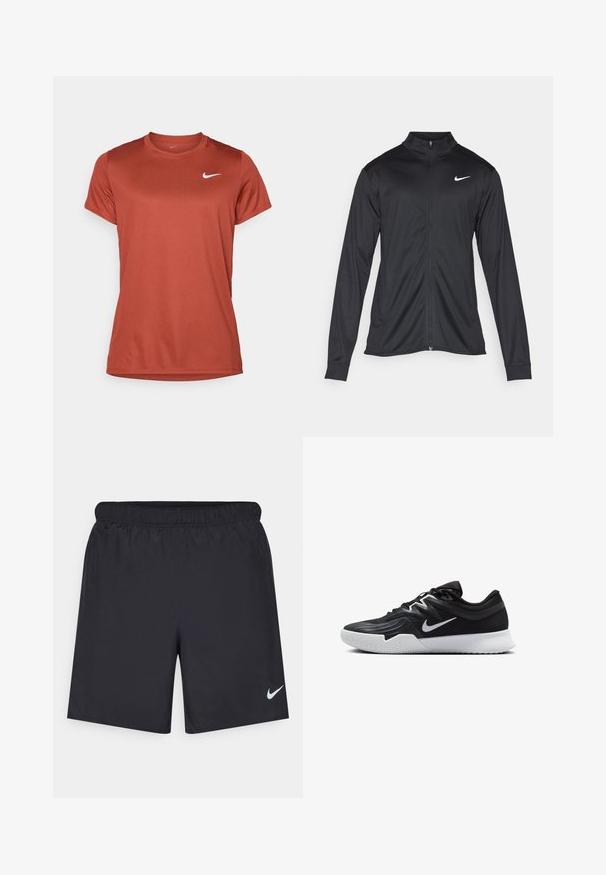 Jacket desportivo preto com mangas longas, colarinho e fecho zip completo. Apresenta um discreto logotipo da Nike em branco na parte superior do lado esquerdo do peito. Textura suave.; Nike Performance NIKECOURT VICTORY TOP - T-shirt desportiva - mars stone/white; Calças de desporto pretas feitas de material leve com uma cintura elástica. Apresenta um pequeno logótipo branco da Nike no canto inferior esquerdo.; Sapatilha atlética preta com um cabedal texturizado, swoosh branco da Nike e uma sola de borracha branca. Apresenta um design com atacadores e uma forma dinâmica.