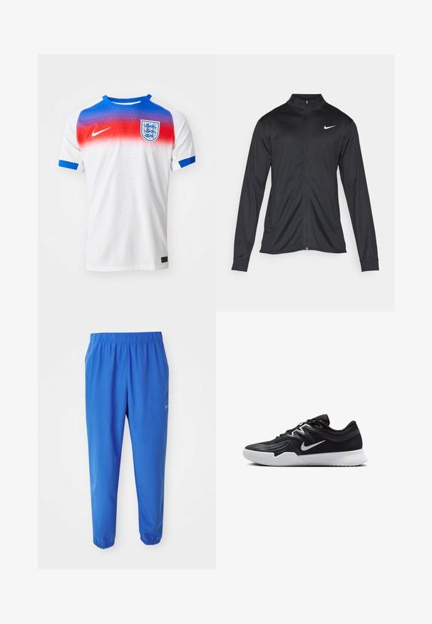 Czarna sportowa kurtka z długimi rękawami, kołnierzem i pełnym zamkiem. Posiada subtelne logo Nike w białym kolorze na lewej górnej części klatki piersiowej. Gładka tekstura.; Biała koszulka do piłki nożnej z krótkim rękawem, z gradientowym kołnierzykiem w kolorze czerwonym przechodzącym w niebieski, niebieskimi akcentami na rękawach oraz herbem Anglii na piersi.; Niebieskie spodenki sportowe z elastycznym paskiem, prostym krojem nogawki i zwężanymi mankietami. Zawierają złote logo Nike po lewej stronie.; Czarne buty sportowe z teksturowaną cholewką, białym logo Nike i białą gumową podeszwą. Charakteryzują się sznurowanym zapięciem i dynamicznym kształtem.