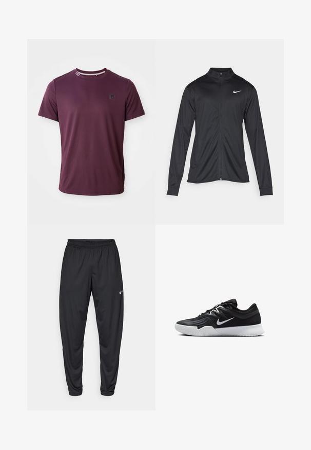Černá sportovní bunda s dlouhými rukávy, límcem a plným zipem. Má decentní bílou logo značky Nike na horní levé části hrudi. Hladká textura.; Burgundské tričko s krátkým rukávem vyrobené z hladké látky, s kulatým výstřihem a malým logem na hrudi.; Černé sportovní kalhoty s elastickým pasem, zúženými nohavicemi a malým bílým logem Nike na levém stehně. Hladká látka, bez vzorů.; Černá atletická bota s texturovaným svrškem, bílým logem Nike a bílou gumovou podrážkou. Disponuje šněrovacím designem a dynamickým tvarem.