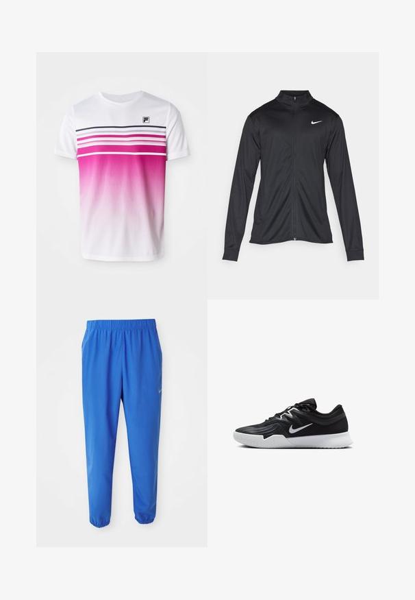 Melna sporta jaka ar garām piedurknēm, apkakli un pilnu rāvējslēdzēju. Uz kreisā krūts augšdaļas ir maigs Nike logo baltā krāsā. Gluda tekstūra.; Balta īsām piedurknēm T-kreklu ar rozā ombre dizainu, horizontālām svītrām tumši rozā un jūras zilā krāsā, kā arī mazu melnu logo uz krūšu.; Zili zili svārki ar elastīgu jostasvietu, taisnas kāju dizainu un sašaurinātām piedurknēm. Ar Nike zīmolu zeltā kreisajā pusē.; Melni sporta apavi ar teksturētu virsu, balto Nike zulumu un balto gumijas zoli. Iezīmējas ar auklu pievilkšanas dizainu un dinamisku formu.