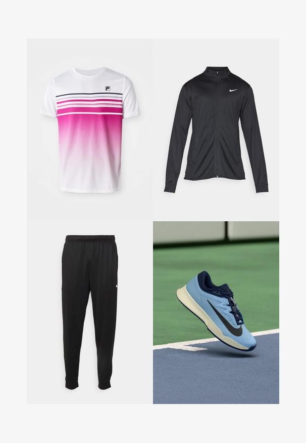 Černá sportovní bunda s dlouhými rukávy, límcem a plným zipem. Má decentní bílou logo značky Nike na horní levé části hrudi. Hladká textura.; Bílý krátký rukáv tričko s růžovým ombre designem, vodorovné pruhy v tmavě růžové a námořnické modři a malým černým logem na hrudi.; Černé sportovní kalhoty vyrobené z hladké tkaniny, s elastickým pasem, zúženými nohavicemi a malým bílým logem na levé straně.; Světle modrá sportovní obuv s námořnickými akcenty, texturovaný síťový svršek a černé logo Swoosh. Obsahuje polstrovanou mezipodešev a gumovou podrážku.