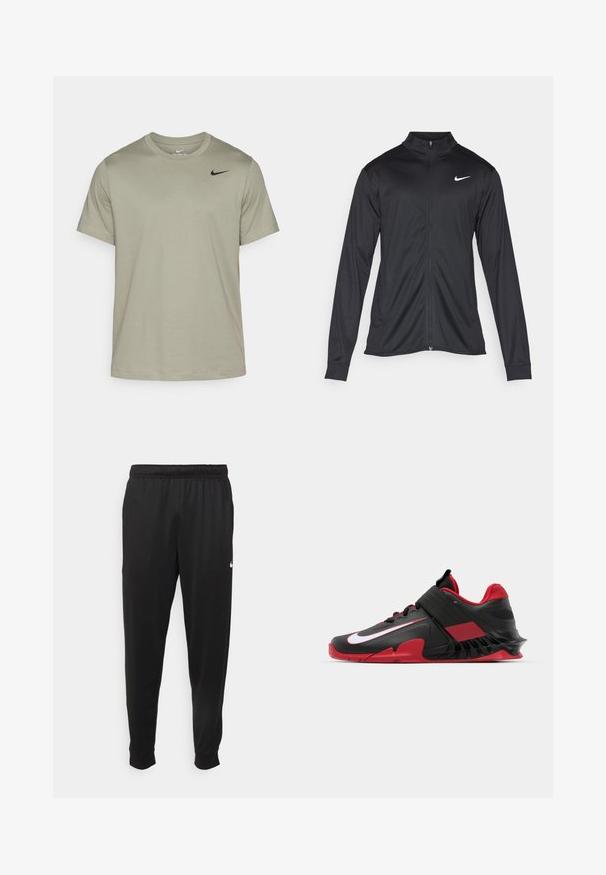 Musta urheilutakki pitkillä hihoilla, kauluksella ja kokonaisella vetoketjulla. Täydentää hienovarainen Nike-logo valkoisena vasemmassa ylärinnassa. Litteä pinta.; Oliivinvihreä Nike T-paita, jossa on pyöreä kaula-aukko, lyhyet hihat ja pieni musta logo vasemmassa yläkulmassa. Valmistettu pehmeästä ja hengittävästä kankaasta.; Mustat urheiluhousut, jotka on valmistettu sileästä kankaasta. Niissä on joustava vyötärö, kapenevat lahkeet ja pieni valkoinen logo vasemmalla puolella.; Mustat ja punaiset urheilukengät, joissa on tyylikäs muotoilu, teksturoitu verkkopäällinen, kestävä kumipohja ja näkyvä valkoinen logoväri.