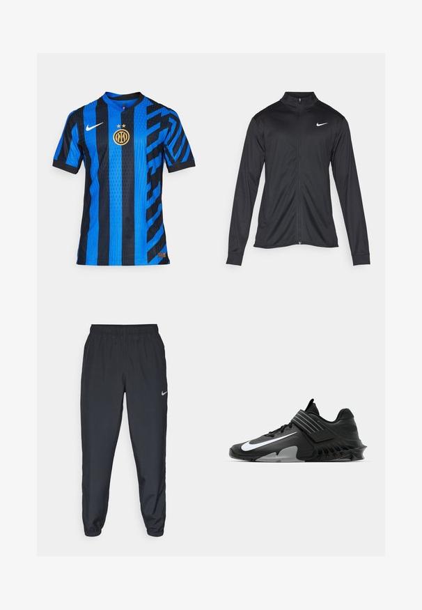 Giacca sportiva nera con maniche lunghe, colletto e zip completa. Presenta un logo Nike in bianco sulla parte superiore del lato sinistro del petto. Tessuto morbido.; Maglia Nike a righe blu e nere con colletto tondo, caratterizzata da due stelle e da un logo circolare dorato al centro. Tessuto leggero.; Pantaloni da jogging neri realizzati in tessuto leggero con cintura elastica, polsini alla caviglia e un logo Nike discreto sul lato sinistro.; Scarpe da ginnastica nere con un design elegante, caratterizzate da un prominente logo Nike bianco, sovrapposizioni testurizzate e una suola stampata distintiva.