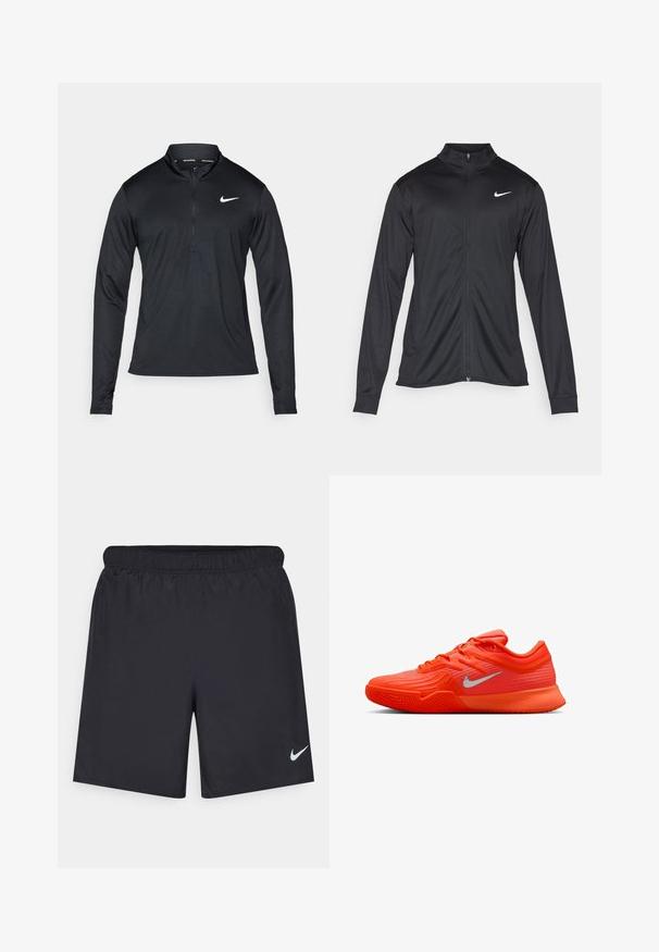 Giacca sportiva nera con maniche lunghe, colletto e zip completa. Presenta un logo Nike in bianco sulla parte superiore del lato sinistro del petto. Tessuto morbido.; Maglietta sportiva nera a maniche lunghe con colletto mezzo zip, realizzata in tessuto liscio, con il logo Nike bianco sul petto sinistro.; Shorts sportivi neri realizzati in materiale leggero con vita elastica. Presentano un piccolo logo Nike bianco sul lato sinistro in basso.; Scarpa da ginnastica bassa di un vivace arancione con suola texturizzata, logo Nike in argento e punta rinforzata, progettata per le prestazioni sportive.