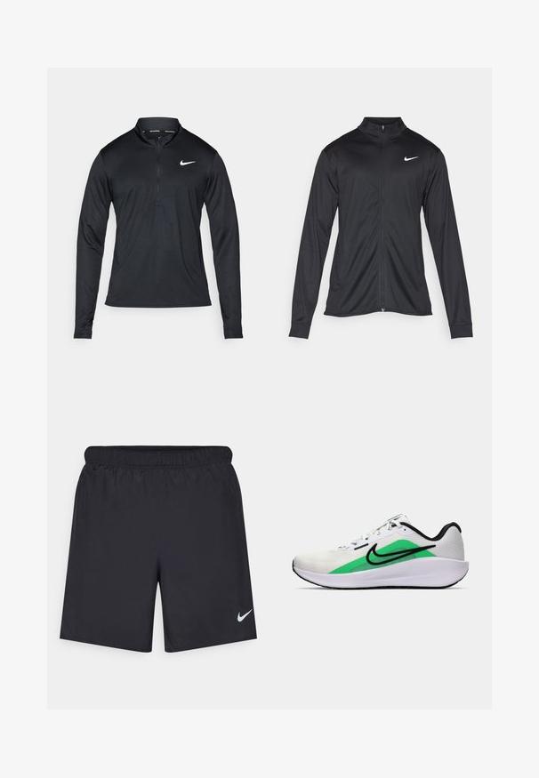 Zwarte sportjack met lange mouwen, kraag en volle rits. Voorzien van een subtiele Nike-logo in het wit op de bovenste linkerborst. Soepele textuur.; Zwarte lange mouwen sportshirt met een half-rits kraag, gemaakt van gladde stof, met een wit Nike-logo op de linkerborst.; Zwarte sportshorts gemaakt van lichtgewicht materiaal met een elastische tailleband. Voorzien van een klein wit Nike-logo aan de onderzijde aan de linkerkant.; Witte sportieve schoen met een groene accenta, zwart logo, bovenwerk van mesh, gevoerde zool en een afgeronde hak. Voorzien van veters en contrasterende details.