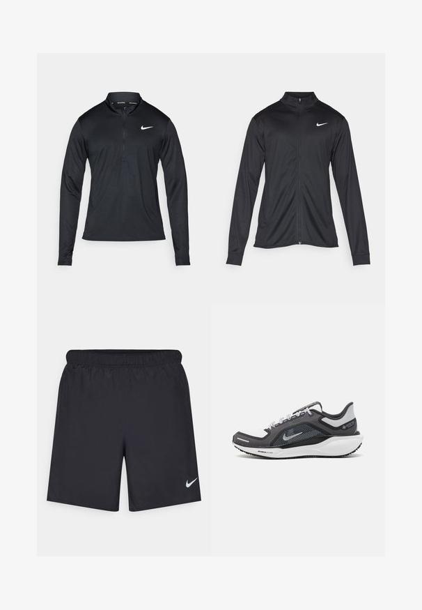 Black athletic jacket with long sleeves, collar, and full zipper. Features a subtle Nike logo in white on the upper left chest. Smooth texture.; Black long-sleeve athletic shirt with a half-zip collar, made of smooth fabric, featuring a white Nike logo on the left chest.; Black athletic shorts made of lightweight material with an elastic waistband. Features a small white Nike logo on the lower left side.; Black and gray athletic shoe with a mesh upper, reflective accents, and a white midsole. Features textured rubber outsole and laces.