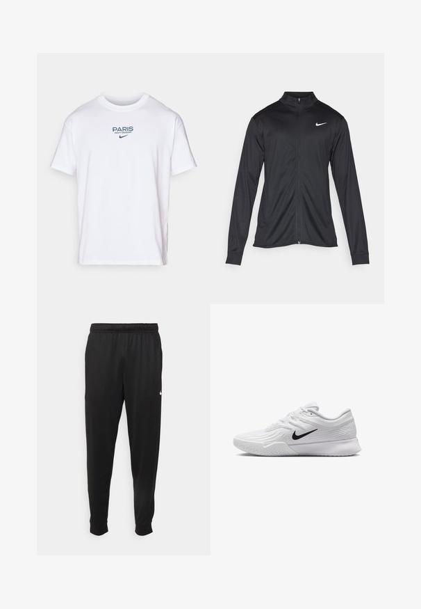 Melna sporta jaka ar garām piedurknēm, apkakli un pilnu rāvējslēdzēju. Uz kreisā krūts augšdaļas ir maigs Nike logo baltā krāsā. Gluda tekstūra.; Balta kokvilnas T-kreklā ar zilu izšūtu tekstu "PARIS SAINT-GERMAIN" un Nike logotipu priekšpusē. Klasiska apaļa kakla izgriezne un īsām piedurknēm.; Melnas sporta bikses, kas izgatavotas no gludas auduma, ar elastīgu jostu, sašaurinošām kājām un mazu balto logo kreisajā pusē.; Baltas sporta apavi ar teksturētu sietiņu, melns Nike zīmols, polsterētas apkakles un gumijas zole ar profilu.