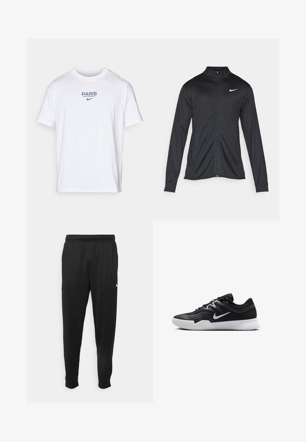 Musta urheilutakki pitkillä hihoilla, kauluksella ja kokonaisella vetoketjulla. Täydentää hienovarainen Nike-logo valkoisena vasemmassa ylärinnassa. Litteä pinta.; Valkoinen puuvillainen t-paita, jossa on sinisellä kirjailtu teksti "PARIS SAINT-GERMAIN" sekä Nike-logo edessä. Klassinen pyöreä pääntie ja lyhyet hihat.; Mustat urheiluhousut, jotka on valmistettu sileästä kankaasta. Niissä on joustava vyötärö, kapenevat lahkeet ja pieni valkoinen logo vasemmalla puolella.; Musta urheilukenkä, jossa on teksturoitu päällinen, valkoinen Nike-tikkaus ja valkoinen kumipohja. Kenkässä on nauhakuji ja dynaaminen muoto.
