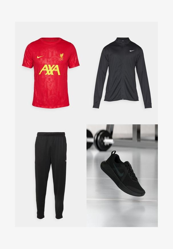 Svart idrottsjacka med långa ärmar, krage och full dragkedja. Har en diskret Nike-logga i vitt på övre vänstra bröstet. Slät yta.; Nike Performance LIVERPOOL FC NIKE DF ACADEMY SHORT SLEEVES TOP K PRE-MATCH - Klubbkläder - gym red/chrome yellow; Svarta träningsbyxor i slät tyg, med elastisk midja, avsmalnande ben och en liten vit logotyp på vänster sida.; Svart sportskor med texturerad mesh-ovandel, gummisula och en framträdande mörk swoosh-logotyp. Har vadderad krage och snörningsdesign.